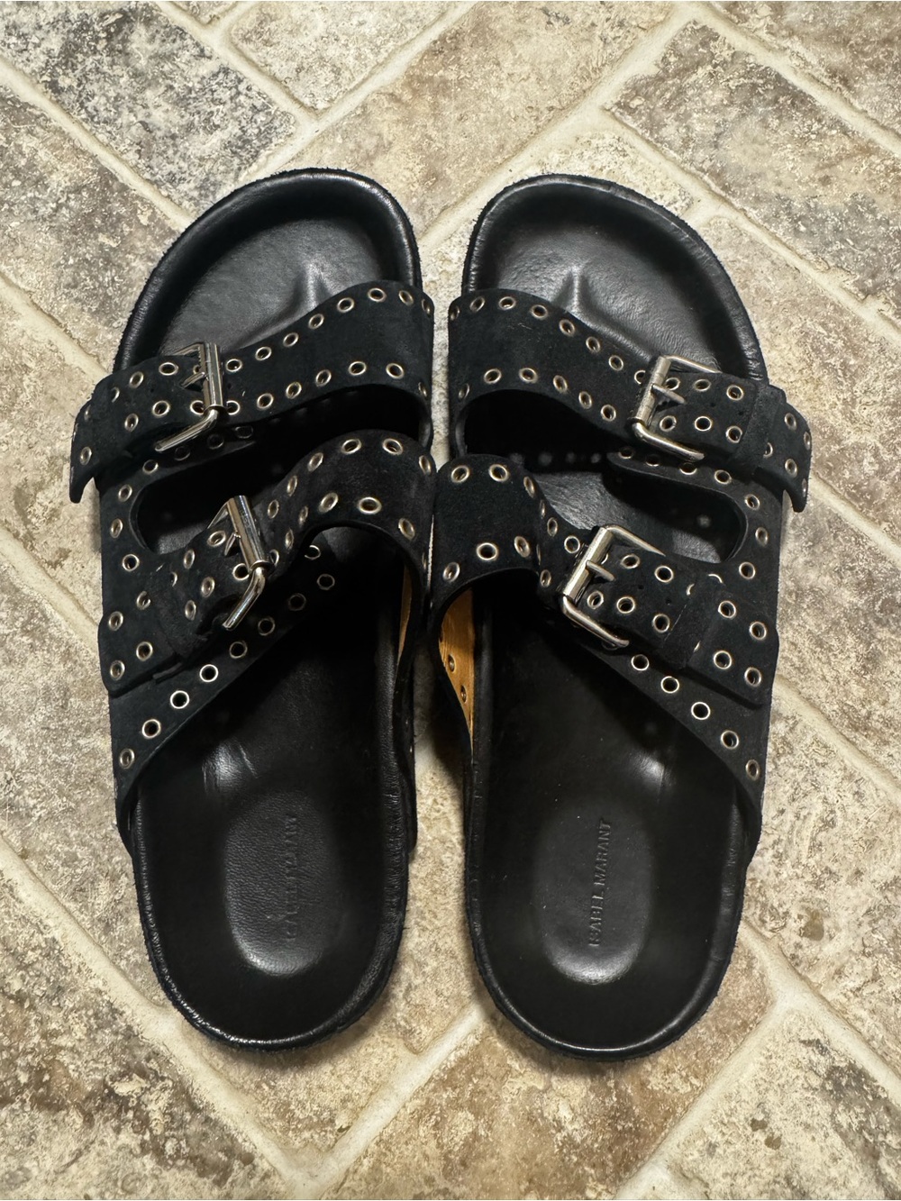 Isabel Marant Black Double-Buckle Studded Slide Sandals